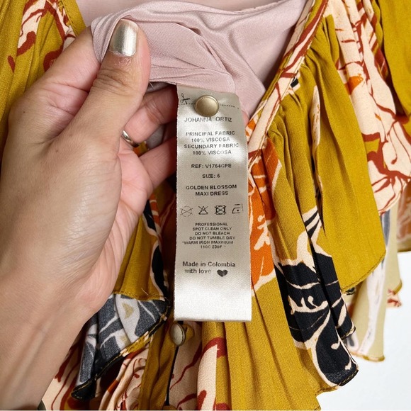 Johanna Ortiz Whiskey Sour Golden Blossom Velvet Trim Pleated Maxi Dress - Picture 10 of 15